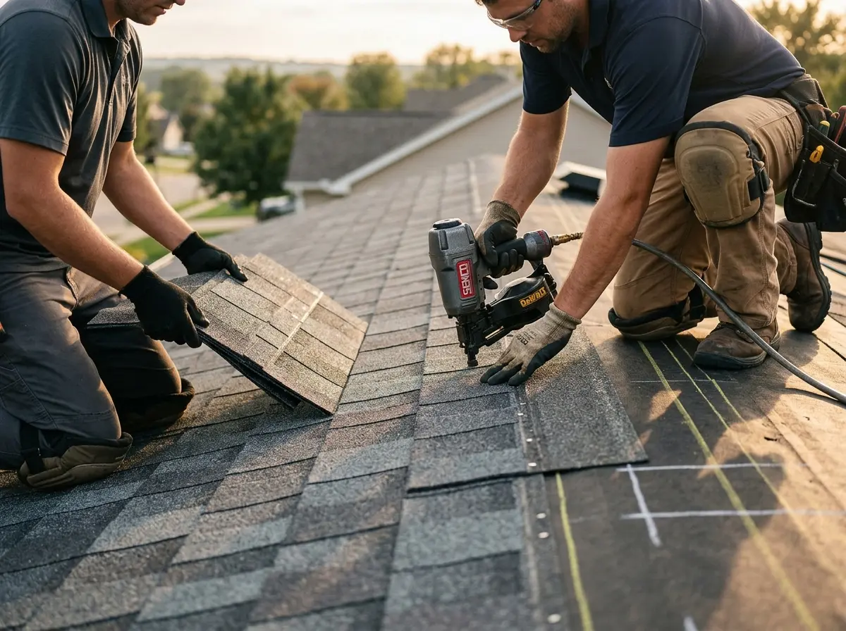 Professional roofer working on a residential roof in Anderson